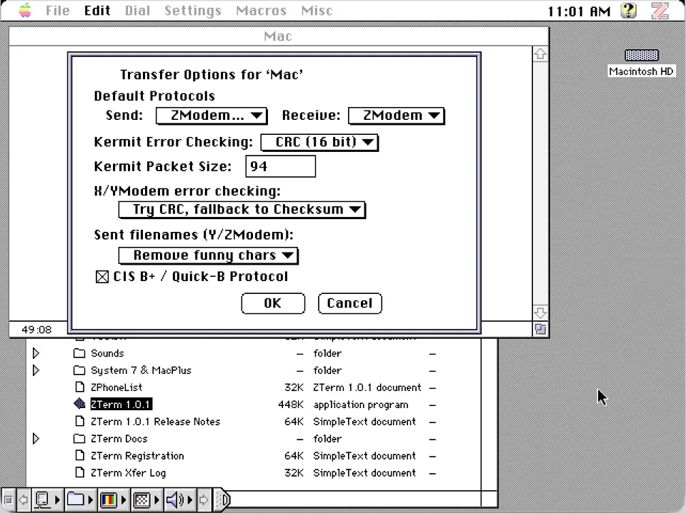 Setting the transfer options in ZTerm